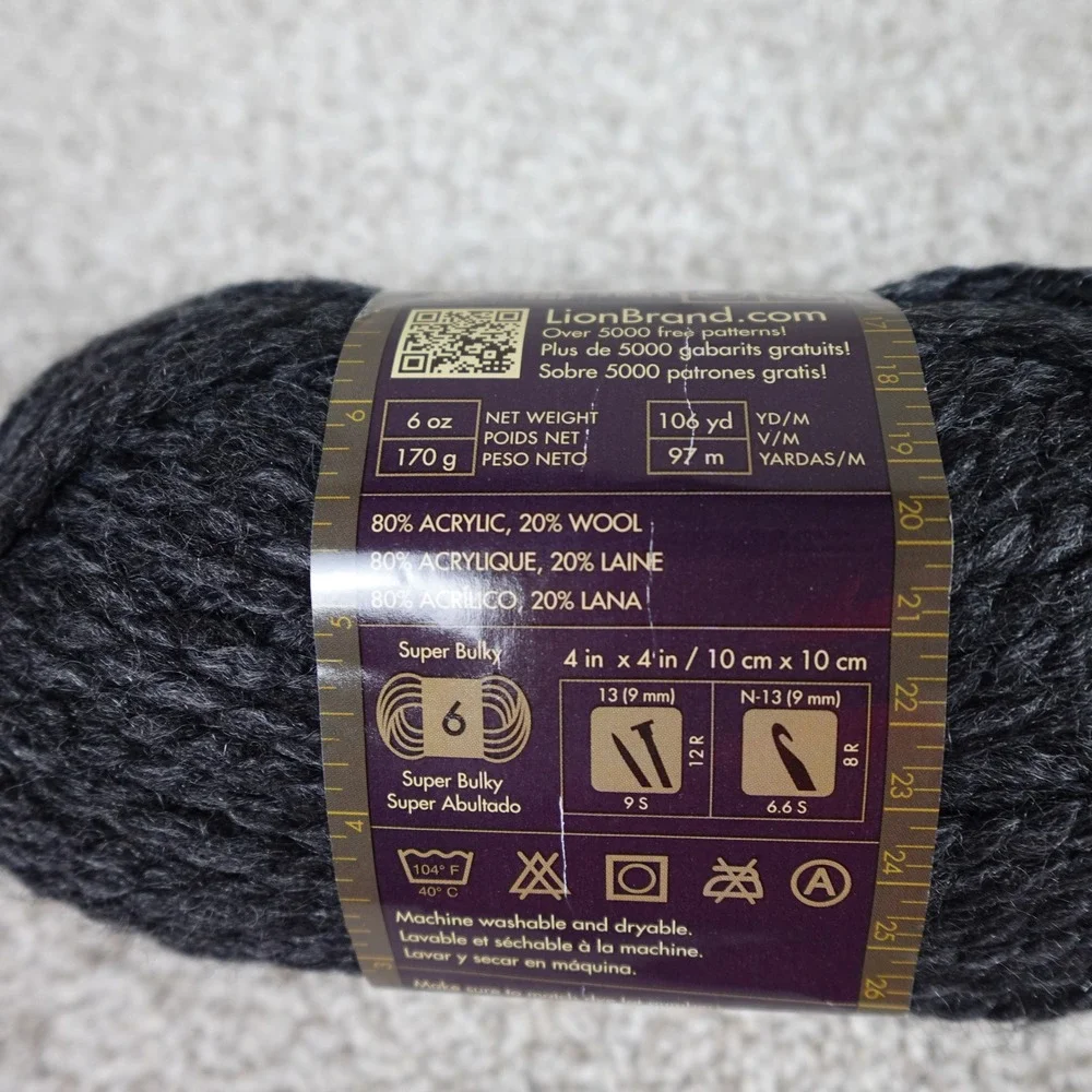 Lion Brand Wool-Ease Thick & Quick Charcoal 149 Super Bulky Yarn 6oz 106yd